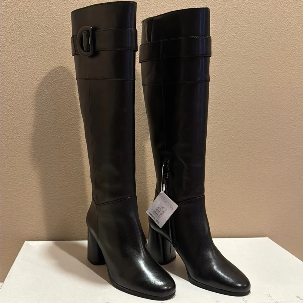 Geox Black Heeled Italian Leather Riding Boots Sleek Design US 8.5 - Picture 8 of 15